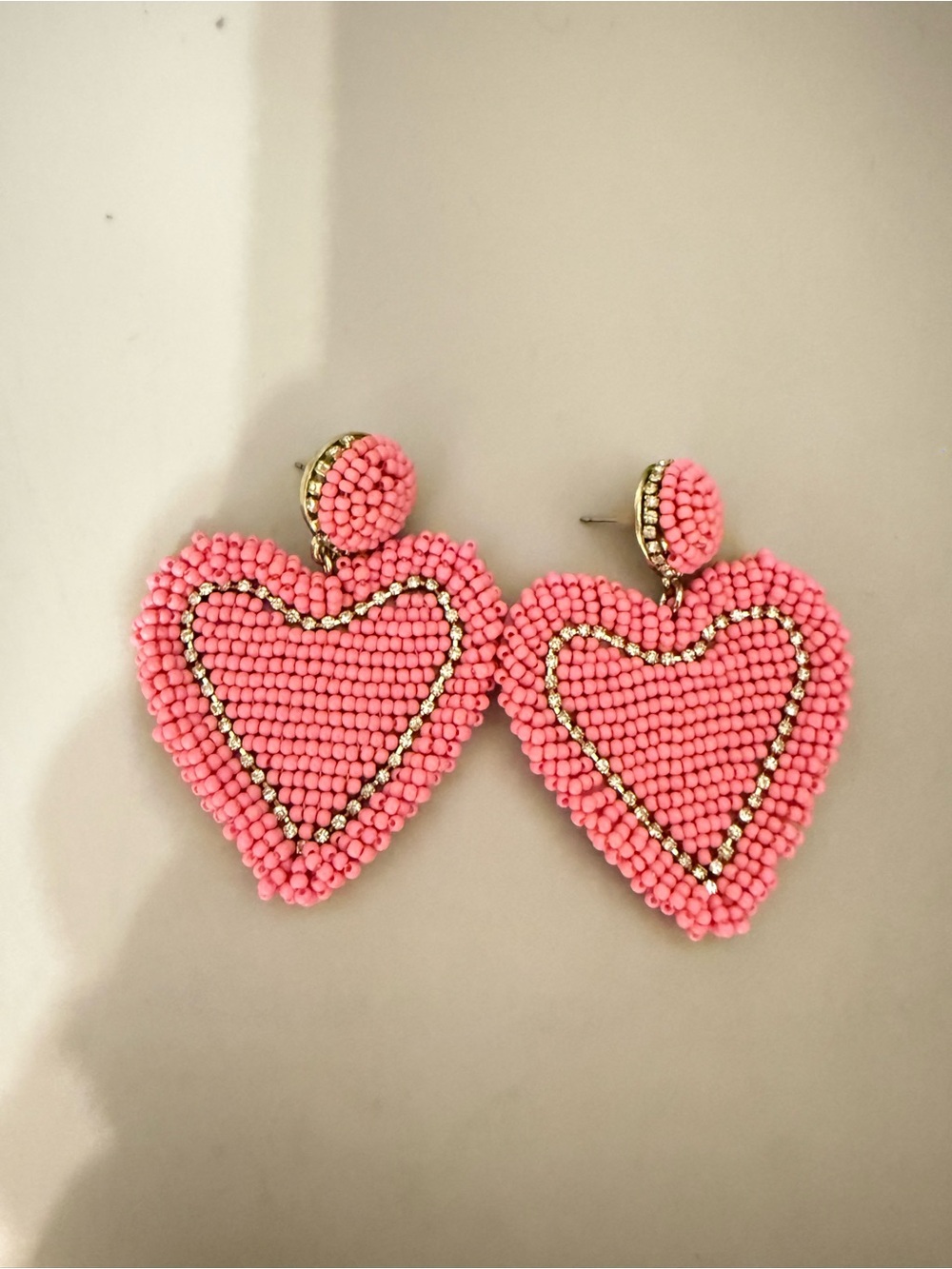 J. Crew Pink Beaded Heart Drop Earrings